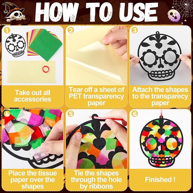 Qyeahkj 36 Set Day of The Dead Suncatchers Crafts for Kids DIY Skull Window Tissue Paper Craft Kit Hanging Decor for Mexico Home Activity Art Project Birthday Party Favor Gift