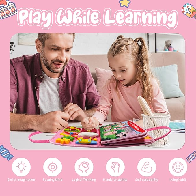 TenFans Montessori Busy Board for Toddlers 3-5 Years - Sensory Toys for Fine Motor Skills - Felt Travel Activity Board with Zipper