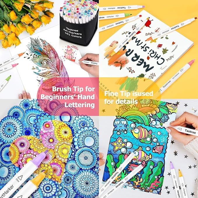 Taotree Alcohol Markers 101 Colors Dual Tips Art Markers Sketch Pens Set, Art Supplies Kit, Drawing Pens Set for Adult Coloring Books Painting, Sketching, Gifts for Teens Girls Boys Kids Artists