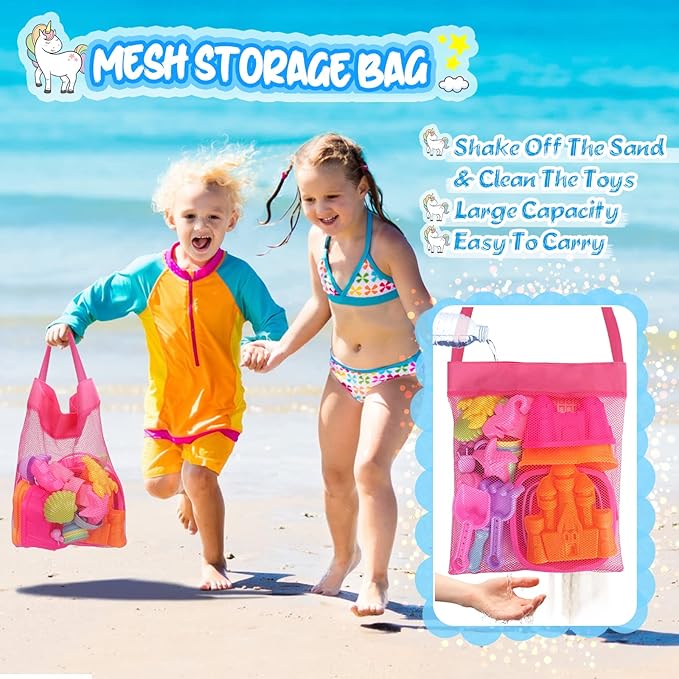 Beach Toys, 30Pcs Ice Cream Sand Toys, Sandbox Toys with Collapsible Sand Bucket and Sand Castle Kit, Cake, Lollipop, Sea Animal, Unicorn Molds, Shovels Set, Mesh Bag, Travel Toys for Girls 3+
