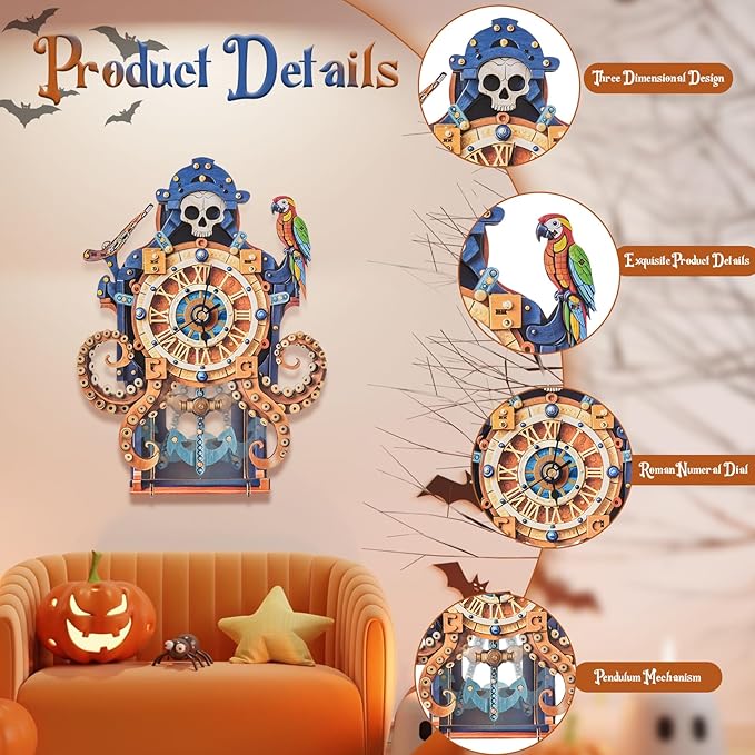 3D Wooden Octopus Pirate Puzzle Clock - Mechanical Model Kit with Anchor Pendulum & Pirate Theme, DIY Building Kit for Adults Teens, Vintage Wall Clock for Home Office Decor, Unique Gift for Men