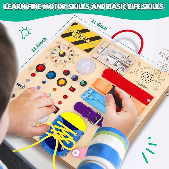 Busy Board,Montessori Toys for 1-3 Years Old, Wooden Toddler Toys, Autism Sensory Travel Toy, Ideal Gift for 1+ Year Old Boys (Busy Board Plus v3)
