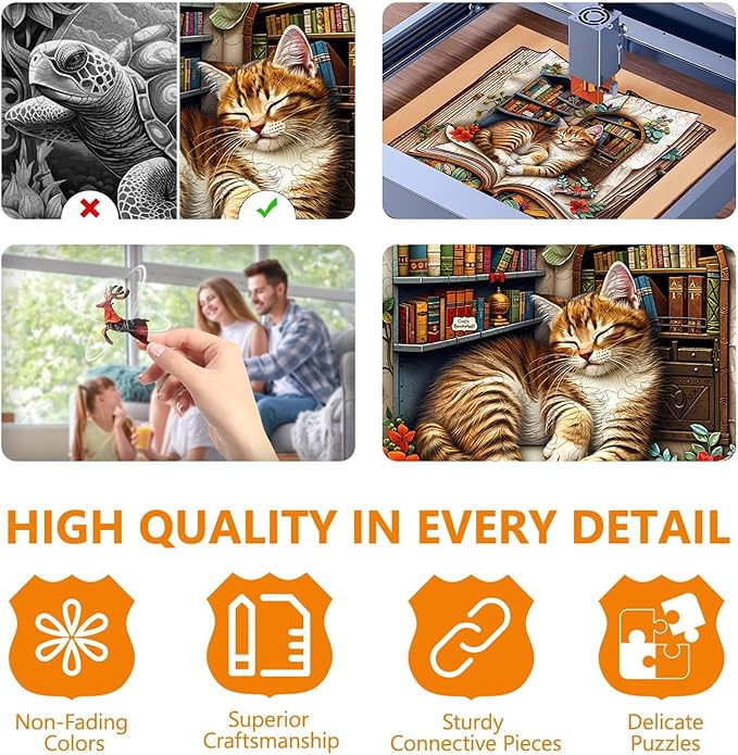 Wooden Puzzles for Adults, Cat in The Book Wooden Jigsaw Puzzle for Adults, Unique Shape Wood Puzzles Adult, Book Lovers Gifts for Teens, Wall Art Home Decor(M-10.6 * 10.4in- 195 Pieces)