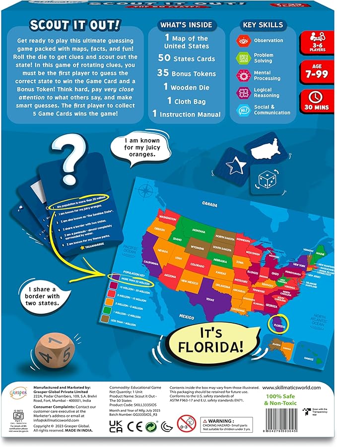 Skillmatics Board Game - Scout It Out 50 States, Guessing & Trivia Game for Families, Educational Toys, Card Games for Kids, Teens and Adults, Gifts for Boys and Girls Ages 7, 8, 9 and Up