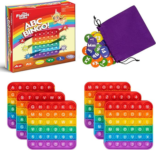 The Fidget Game ABC Bingo, Games for Kids - Six Educational Alphabet Bingo Popping Mats for Preschool, Toddlers, Kindergarten - Learning Activities for 2-6 Players 3+ Years