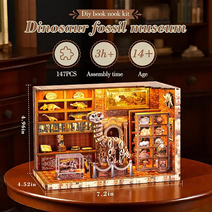 Book Nook Kit,3D Wood Puzzle LED Light DIY Miniature House Kit for Adults,Teens and Beginners, Dollhouse Bookshelf Decor Tiny Houses to Live in for Adults,Gifts for Family,Friends(Dinosaur Museum)