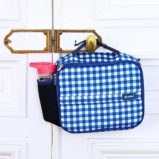 Yumbox Kids Lunch Bag, Holds Lunch Box and Water Bottle, 3 Ways to Carry, Zip Closure, Inside Zipper Netting, Wipe Clean Fabric with EVA lining for extra insulation (Vichy Blue)