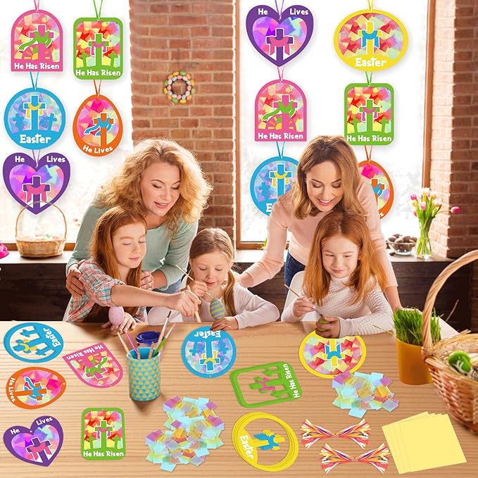 Qyeahkj 36 Set Easter Suncatchers Crafts for Kids DIY Resurrection Church Window Tissue Paper Crafts Kit He is Risen Hanging Decor for Religious Cross School Home Activity Art Project Favor Gift