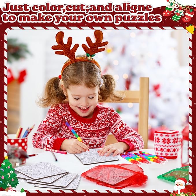12 Sets Christmas Puzzles Color Your Own Puzzles DIY Jigsaw Crafts with 12 Stackable Crayons and 12 Bags for Learning Education Toys Gifts Prizes Birthday Party Supplies(12, Christmas)