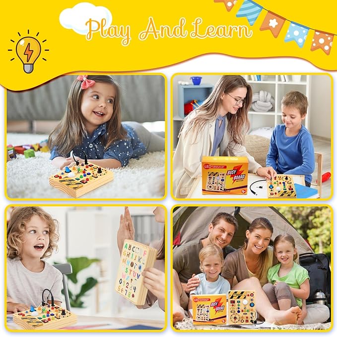 RichBoy Busy Board for 1-3 Year Old, 37 in 1 LED Light Up Wooden Sensory Montessori Switch Board Toy for Toddlers Travel Gift (6.7" x 5.3")