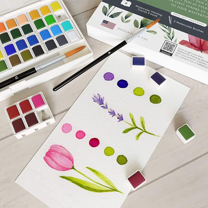remium 48‑Color Watercolor Set for Adults & Beginners – 48 Vivid Half‑Pans, 2 Artist‑Grade Brushes (Sizes 8 & 12), 20‑Sheet 300 gsm Cold‑Press Paper Pad & Step‑by‑Step e‑Course
