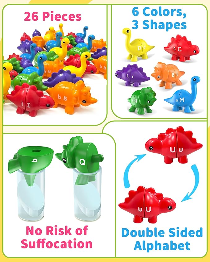 26PCS Dinosaur Alphabet Learning Toys for Toddlers Kids 3-5, Montessori Educational Toys Gifts for 3 4 5 Year Old Boy Girl, Preschool Learning Activities, Double Sided ABC Matching Game