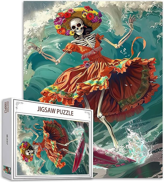 Tucocoo Skull Surfing Ocean Jigsaw Puzzles for Adults 1000 Pieces, Dancing Skeleton Mexican Dress Art Puzzle Colorful DIY Craft Puzzles for Home Decoration Gift, Family Puzzle Perfect for Game Nights