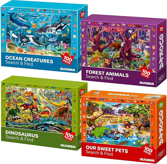 QUOKKA 100 Piece Puzzles for Kids Ages 4-6 - 4 Jigsaw Puzzles for Kids Ages 6-8 - Search and Find Game with Animals, Dinosaurs for Childrens 5-8 - Learning Educational Toys for Boys and Girls 8-10