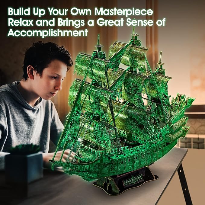 CubicFun 3D Jigsaw Puzzles Dutch Ship Model Flying Luminous Haunted Pirate Ship DIY for Adults and Kids, Building Kits Office Decoration for Women and Men, 360 Pieces