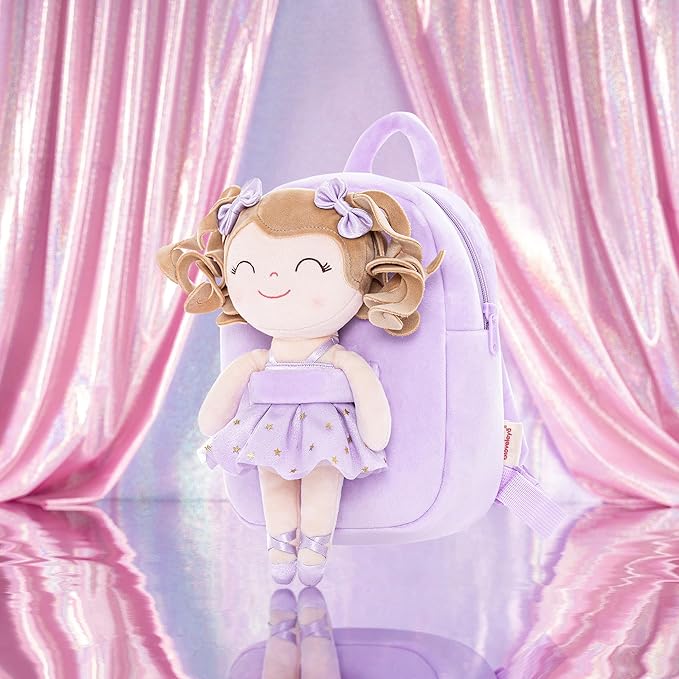 Gloveleya Toddler Backpack Baby Ballerina Girl Gifts Plush Curly Hair Ballet Backpack - White Purple 9 inches