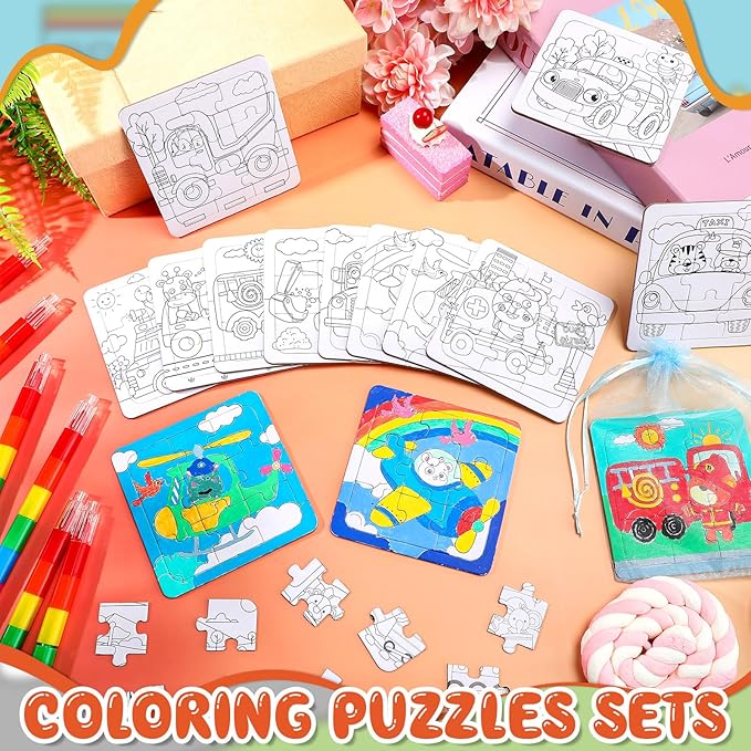 Fullhawl 12 Sets Transportation Puzzles Traffic Theme Color Your Own Puzzles DIY Construction Jigsaw Craft with 12 Stackable Crayons and 12 Bags for Construction Gifts Birthday Party Supplies(12, Car)