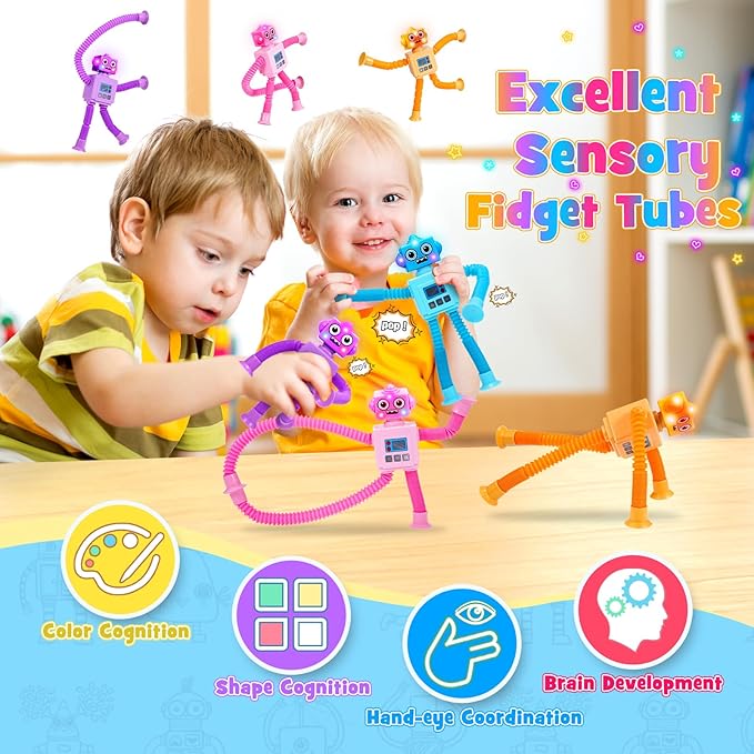 Robot Fidget Toys for Kids : 4 Pack LED Robotic Pop Tubes Telescopic Suction Cup Sensory Toy for 3 4 5 6 7 8 Year Old Boys Girls Halloween Birthday Gifts for Kid Ages 3-5 Toddler Travel Toy
