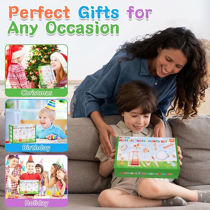 Wooden Musical Instruments for Toddlers 1-3 - Montessori Educational Toys for 1 2 3 Year Old Baby Kids, with Xylophone, One 1st 2st Christmas Birthday Gifts for Girls Boys