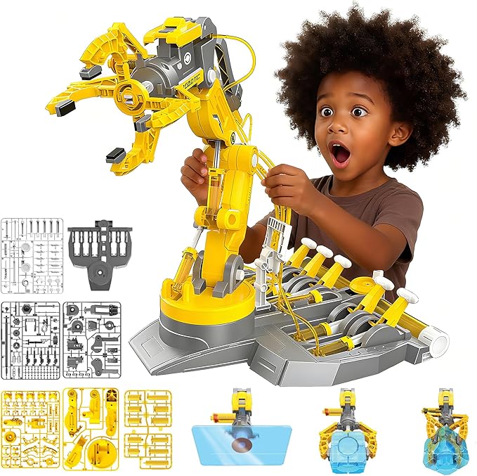 SMIESSKIDDO 3 in 1 Hydraulic Robot Arm - 220 Pcs STEM Building Toys with 4-Jaw Grab, Suction & Tongs for Kids 8-12 | No Batteries Needed Engineering Gift for Boys & Girls Ages 9 10 11