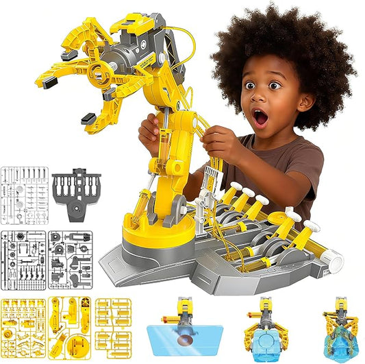 SMIESSKIDDO 3 in 1 Hydraulic Robot Arm - 220 Pcs STEM Building Toys with 4-Jaw Grab, Suction & Tongs for Kids 8-12 | No Batteries Needed Engineering Gift for Boys & Girls Ages 9 10 11