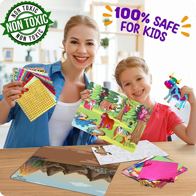 Alritz Arts and Crafts,Foil Crafts Fun Kit, Art Kit Toys for Kids Animals Space Cars, Foil Stickers Supplies,Travel Toys DIY Christmas Gifts for Girls Boys 4 5 6 7 8 9 10 11+ Years Old (6 Theme)