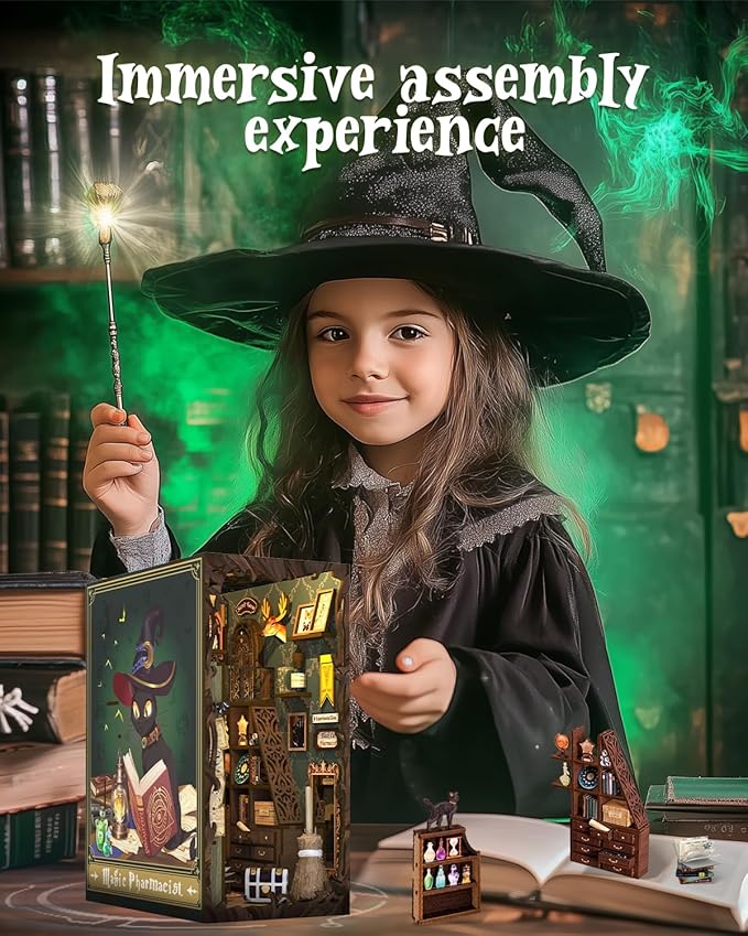 Cutefun Book Nook Kit, DIY Miniature Dollhouse Booknook for Adults, 3D Wooden Puzzle Bookend Bookshelf Insert Decor with LED Light, Gift for Craft Lovers (Magic Pharmacist)