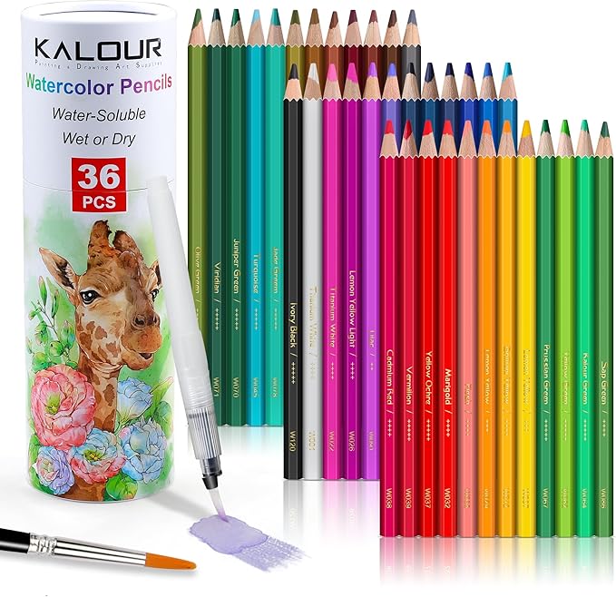 KALOUR Watercolor Pencils with Brush, 36 Colors, Blendable Wet or Dry, Ideal for Coloring Books and Art