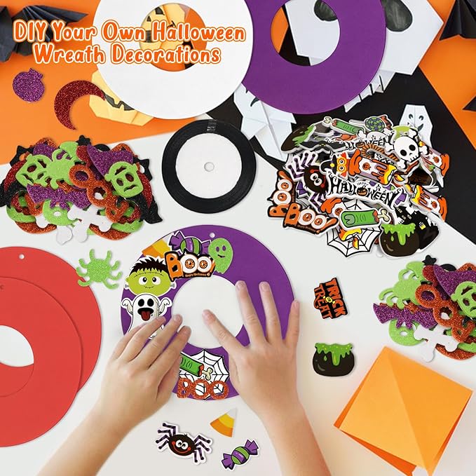 Openfly 12 Sets Halloween Wreath Craft Kit for Boys Girls, Halloween Wreath Sign Decorations Pumpkin Spider Bat Candy Stickers DIY for Home Classroom Party Decor