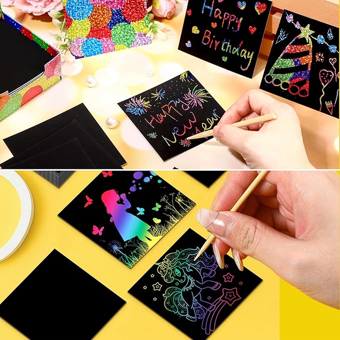 Lenwen 500 Pack Scratch Cards Rainbow Note Scratch Card with 20 Bamboo Stylus for Kids Paper DIY Paper Craft Kits Birthday Party Favors Supplies (Rainbow Mix,500)