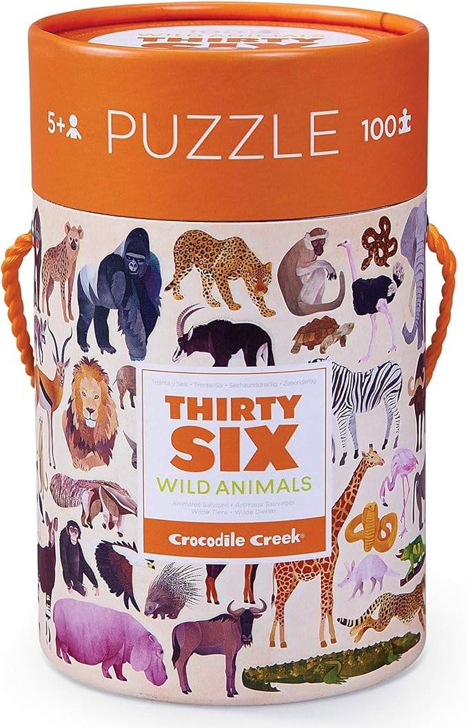 Crocodile Creek 100-Piece Jigsaw Puzzle for Kids Ages 5 and Up - Fun and Educational Table or Floor Puzzles - Storage Canister with Handle - Wild Animals - 14” x 19” Finished