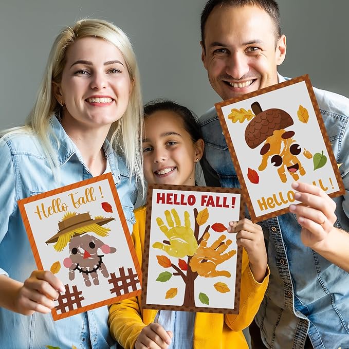 Cinrobiye 24 Sets Fall Handprint Craft Kits Bulk Autumn Hand Print Craft DIY Greeting Cards Kit with Stickers Painting Ink for Home School Classroom Art Project Thanksgiving Party Favor Supplies Gift