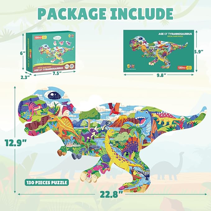 ELX 130 Piece Dinosaur World Jigsaw Puzzle for Kids 4-10, Tyrannosaurus Rex Floor Puzzle for Preschool Learning (21.42 X 16.42 in)