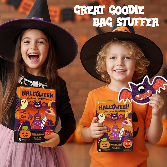 KwestSync Halloween Sand Art Crafts for Kids - Crafts for Kids Ages 4-8, 3-5, Halloween Party Favor with 8 Pumpkin, Ghost, Bat Sand Painting, Trick or Treat Goodie Bag Gifts for 4 5 6 7 8 Years Old