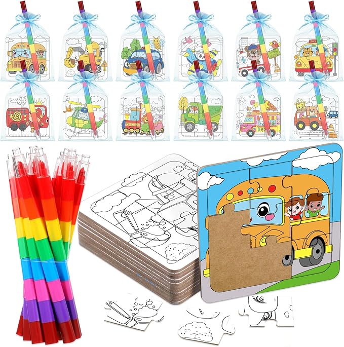 Fullhawl 12 Sets Transportation Puzzles Traffic Theme Color Your Own Puzzles DIY Construction Jigsaw Craft with 12 Stackable Crayons and 12 Bags for Construction Gifts Birthday Party Supplies(12, Car)
