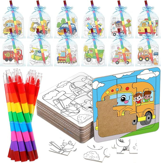 Fullhawl 12 Sets Transportation Puzzles Traffic Theme Color Your Own Puzzles DIY Construction Jigsaw Craft with 12 Stackable Crayons and 12 Bags for Construction Gifts Birthday Party Supplies(12, Car)