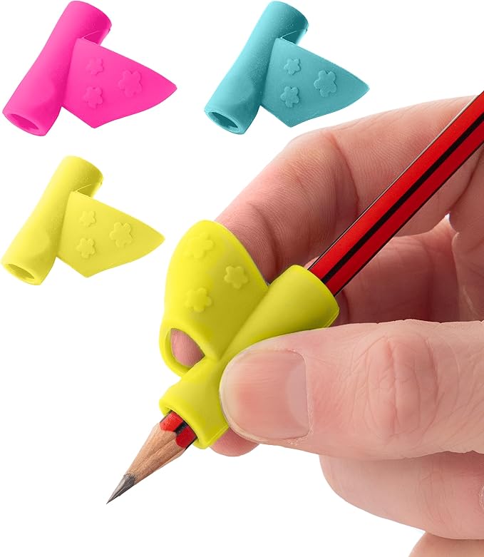 Stylo Pencil Grips Pack of 3 - Pink, Sea Green, Yellow - Perfect Handwriting Holders for Kids Home Schooling and Preschool Writing Tools