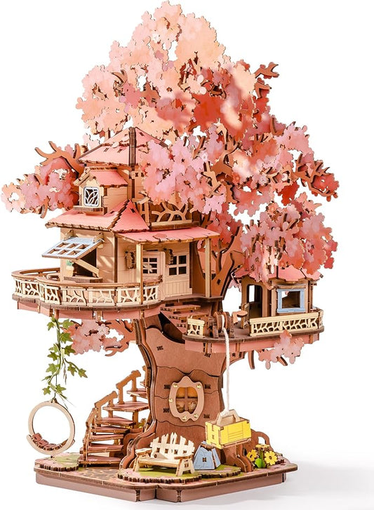 ROBOTIME DIY Miniature House Kits for Adults, 3D Wooden Puzzles for Teenager, Japanese Cherry Blossom Tree Sakura Bonsai Plants for Birthday Gifts and Hobbies (Sakura Tree House)