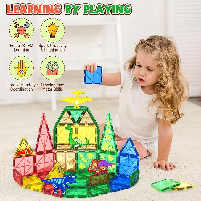 Coodoo Dinosaur Toys Magnetic Tiles Jungle Dinosaur World Starter Set - Kids Games Boys Ages 3-5 4-6 Girls STEM Magnetic Blocks Preschool Sensory Creative Toddlers Kids Toys