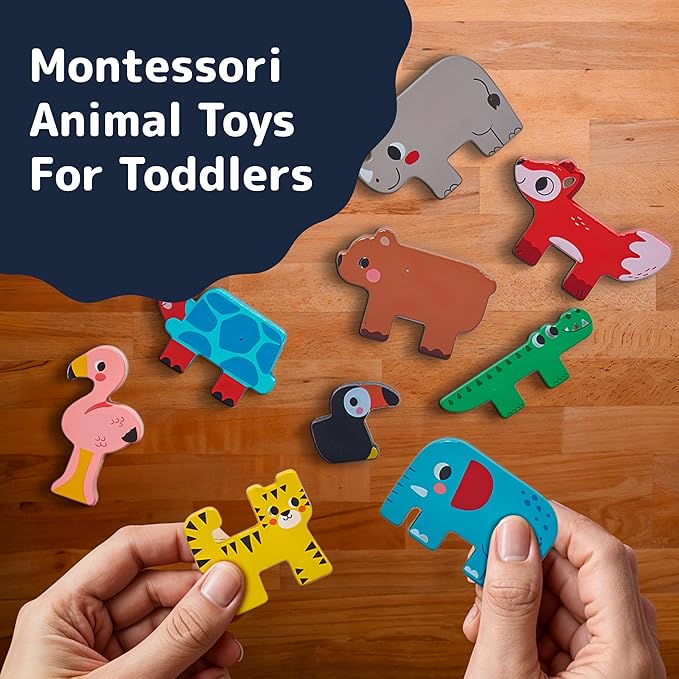 PREXTEX Wooden Stacking Toys - Montessori-Inspired Wooden Sorting Play Set - Educational Balance and Motor Skills Set, Colorful Zoo Animal with 9 Animals, 2 Boards, Carrying Pouch - Ages 18 Months+