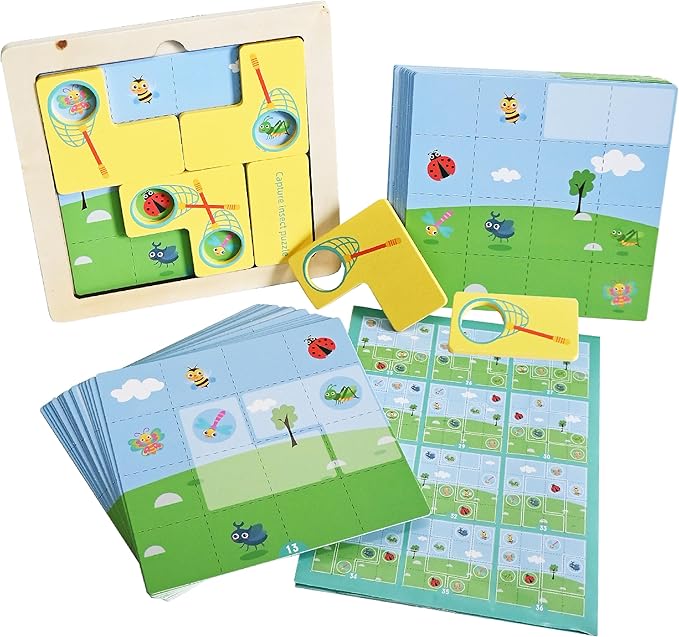 Insect Catching Puzzle Game for Kids Ages 3-8, 30 Double-Sided Challenge Cards Montessori Learning Toys, Strategic Board Game with Bug Catching Net Tiles, for Boys Girls
