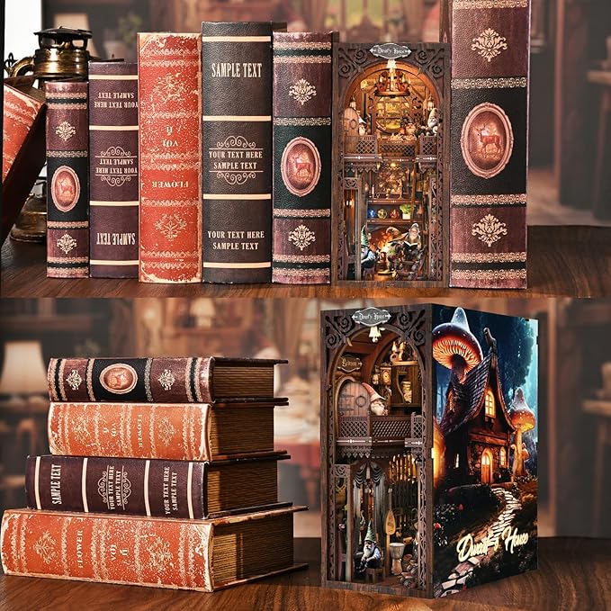Book Nook Kit, Book Nook Kits for Adults and Teens, DIY Miniature Dollhouse Kit 3D Wooden Puzzle Booknook Bookend with LED Light