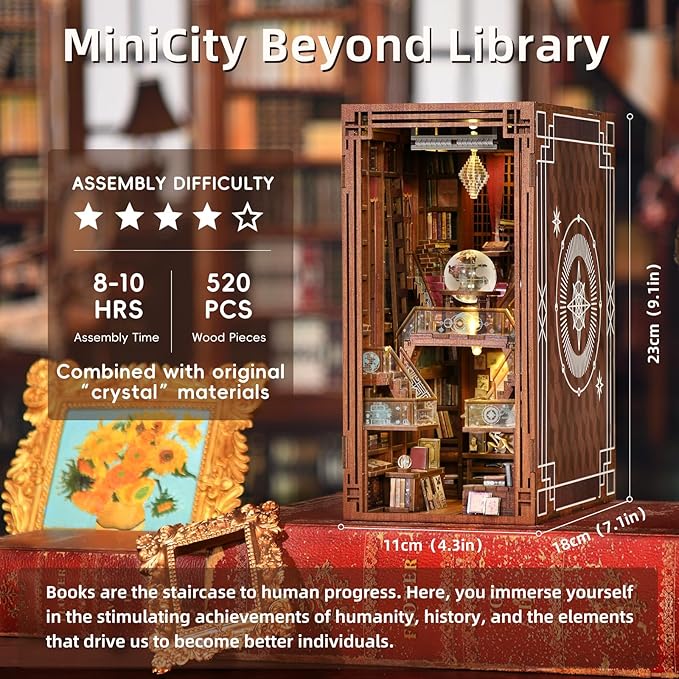 DIY Book Nook Kit for Adults, 3D Wooden Puzzle Bookend Bookshelf Insert Decor with LED Light and Dust Cover (Beyond Library)