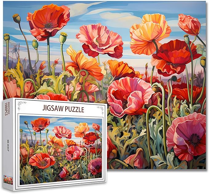 Tucocoo 1000-Piece Jigsaw Puzzle - Poppy's Flowers in a Floral Scenery - Art Deco Style - Unisex - Flowering Shrubs 03 - 27.56" x 19.69" - Ages 14+