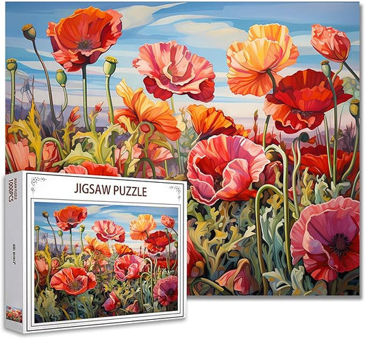 Tucocoo 1000-Piece Jigsaw Puzzle - Poppy's Flowers in a Floral Scenery - Art Deco Style - Unisex - Flowering Shrubs 03 - 27.56" x 19.69" - Ages 14+