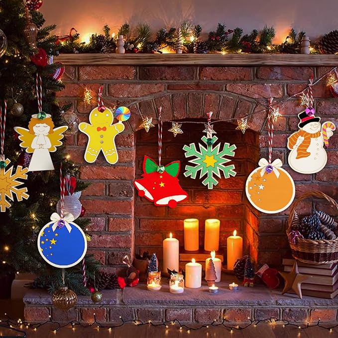 48PCS Christmas Crafts for Kids, Wooden Christmas Ornaments Unfinished Wood Slices with 6 Styles, DIY Christmas Ornaments Kits for Christmas Tree Holiday Hanging Decorations