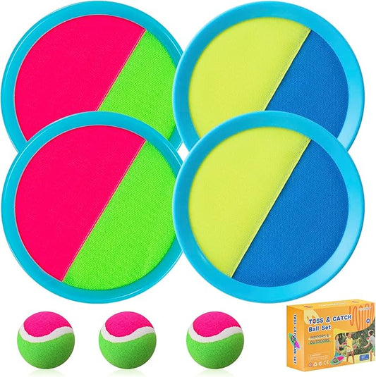 Kids Toys - Outdoor Games, Beach Toys, Toss and Ball Set with 4 Paddles and 3 Balls, Perfect Beach Games Sets Playground Sets for Backyards Easter Gifts for Kids/Adults/Family (Blue+Light Yellow)