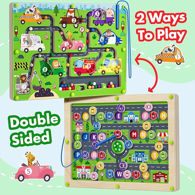2 in 1 Magnetic Color and Number Maze Double-Sided ABC Alphabet Puzzles Board Magnet Dinosaur Counting Maze Preschool Learning Montessori Education 3 4 5 Years Toys (Car, One Size)