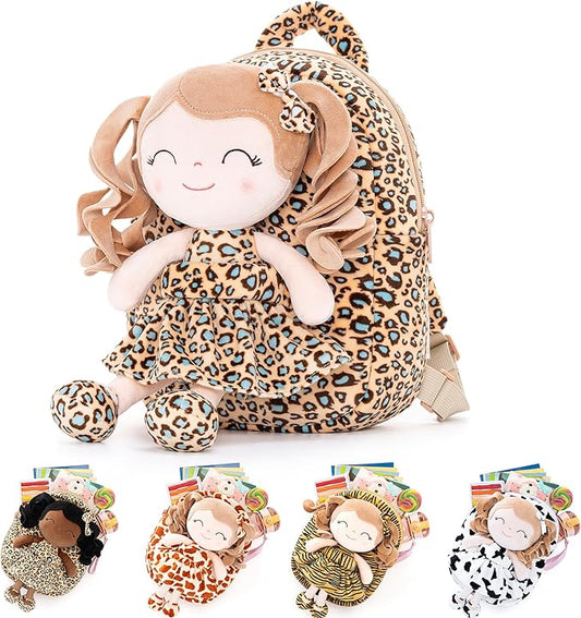 Gloveleya Toddler Backpack Baby Girl Gifts Curly Hair Plush Figures Dress Backpack Kids Backpack Curly Hair Spring Girl - White Leopard 9inches