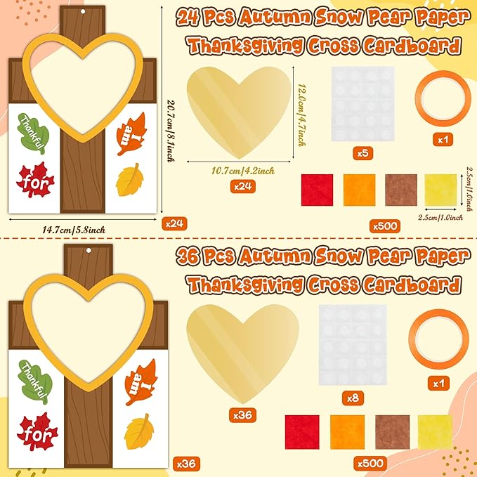 WATINC Fall Cross Suncatchers Craft - DIY Religious Thanksgiving Thankful Tissue Paper Hanging Ornament Kit, Make Your Own Creative Christian Crosses Decor Fun Activities for School Classroom (24Pcs)